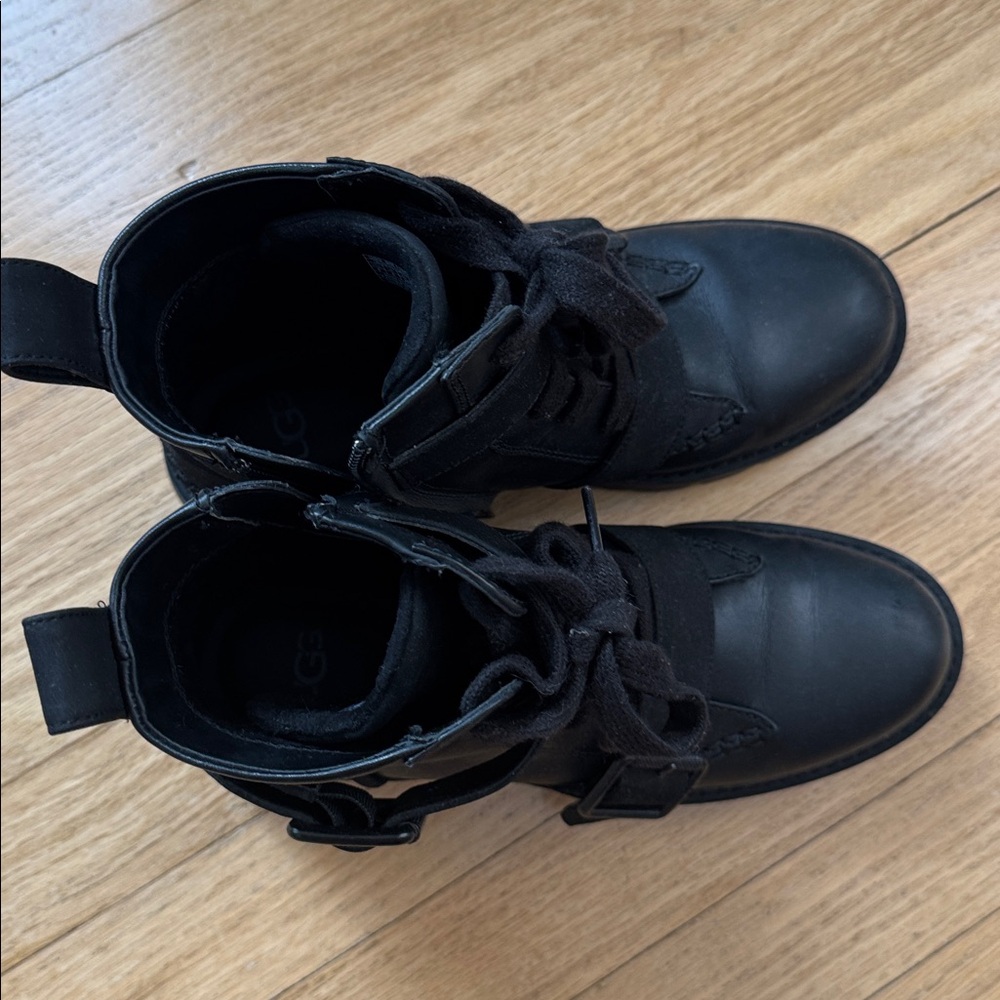 UGG Black Leather Lace-Up Ankle Boots with Buckle - Picture 6 of 6
